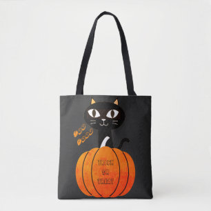 Tote Bag Éffrayante Orange & Chat Noir Tricoter ou traiter 