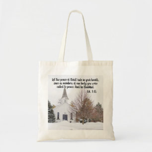 Tote Bag Eglise Bible de neige hiver Verset photo