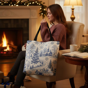 Tote Bag Église bleue et blanche de Noël toile de scène hiv