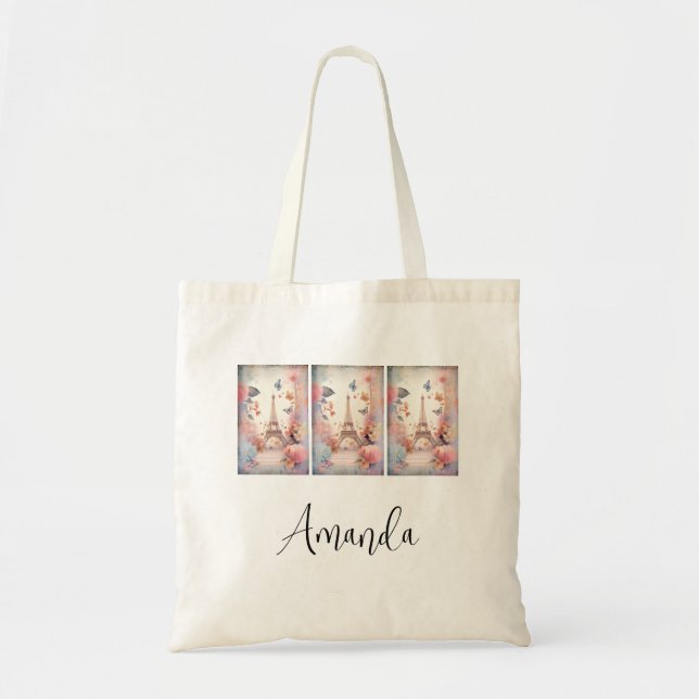 Tote Bag Eiffel Tower Butterflies and Flowers (Devant)