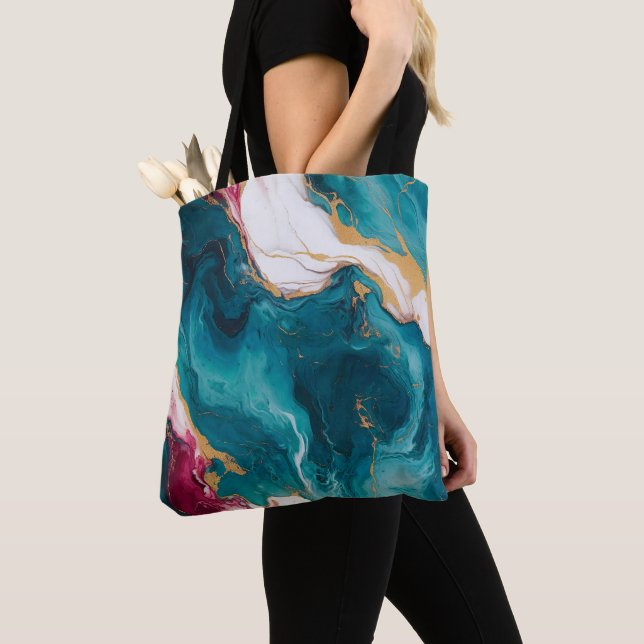 Tote Bag Élégance Marbre Sarcelle et Cramoisi (De près)
