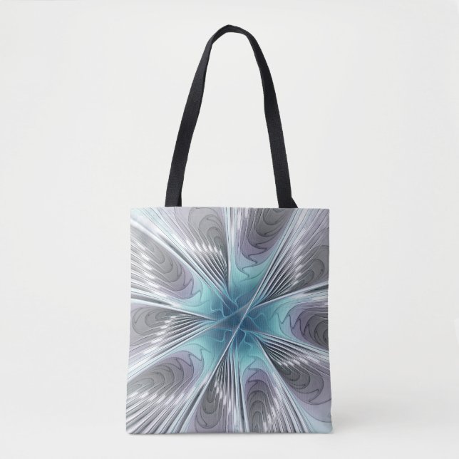 Tote Bag Élégance Moderne Art Fractal Fleur Bleu Gris Blanc (Devant)