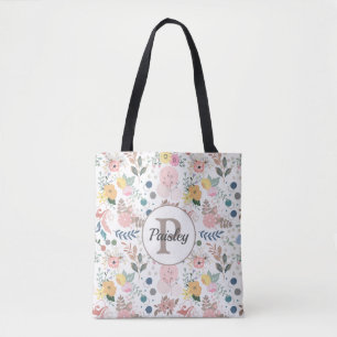 Tote Bag Élégant aquarelle colorée Monogramme feuille flora