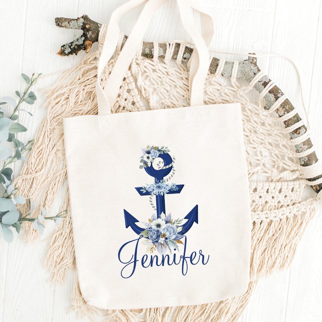Tote Bag élégant aquarelle fleurie bleu nom nautique (Créateur téléchargé)