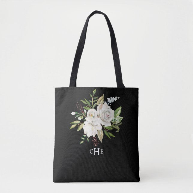 Tote Bag Elégant aquarelle Floral Monogramme sur noir (Devant)