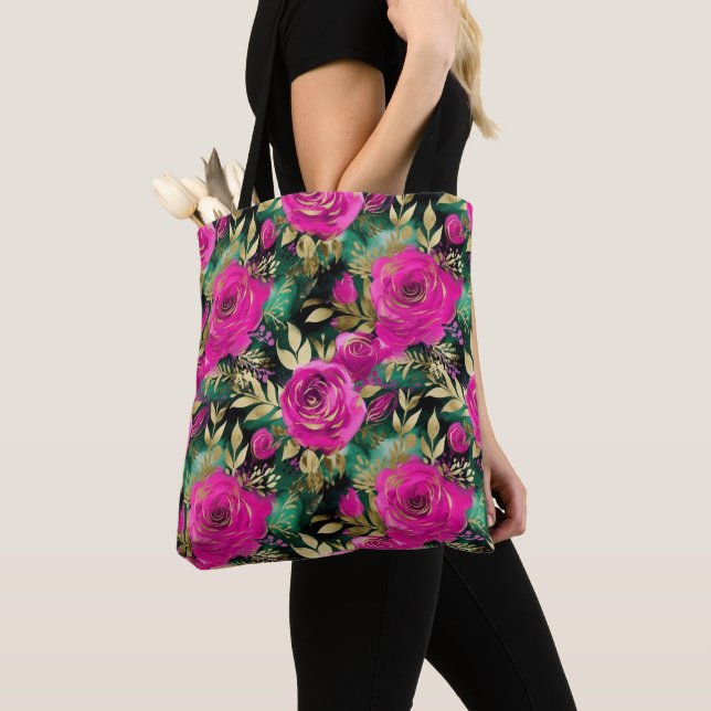 Tote Bag Elégant Aquarelle violet et Turquoise Fleurs Motif (De près)