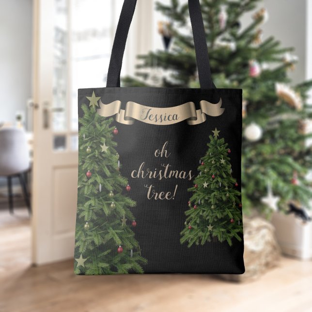 Tote Bag Élégant Arbre de Noël Gold Ribbon Nom Noir (Add your name to this festive Christmas tree tote bag and fill with goodies)