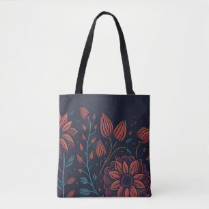 Tote Bag Élégant Art Floral Foncé Rouge et Bleu Moderne