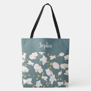 Tote Bag Elégant avec or et blanc orchidées chic acier turq