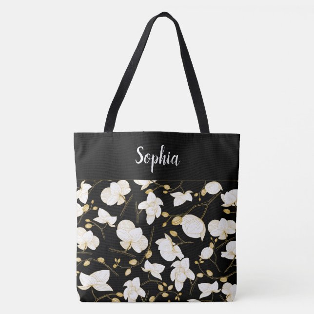 Tote Bag Élégant avec or et orchidées blanches chic noir (Devant)