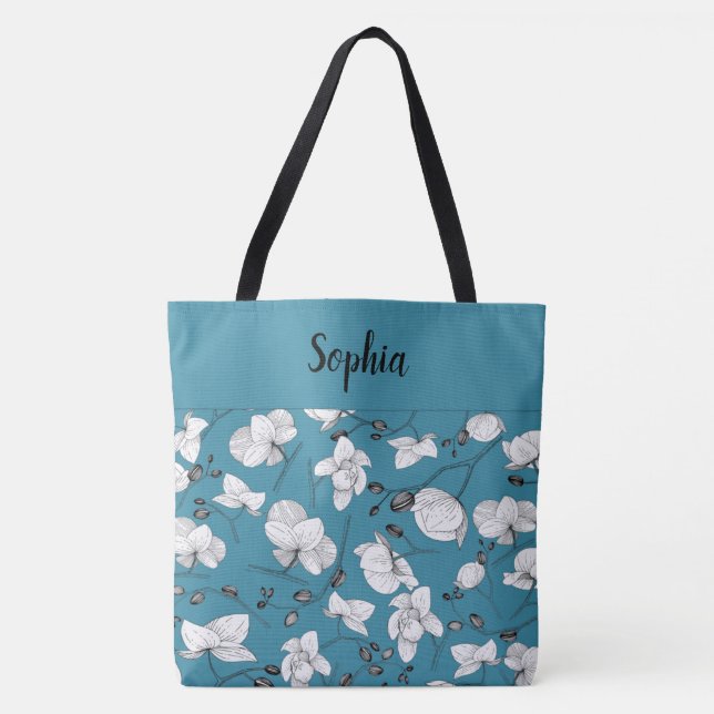 Tote Bag Elégant avec orchidées noir & blanc chic bleu (Devant)