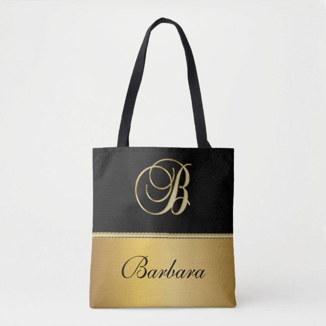 Tote Bag Élégant "B" Monogramme Nom personnalisé Black Gold (Devant)