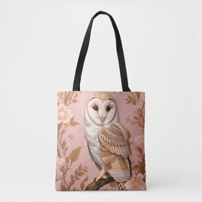 Tote Bag Elegant Barn Owl Pink and Gold Floral  (Devant)