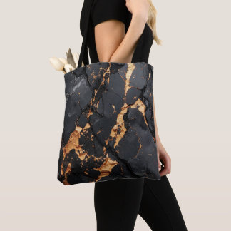 Tote Bag Elegant Black Marble with Gold Veins Modern Art