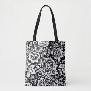 Tote Bag Élégant blanc baroque Motif de Damas florales