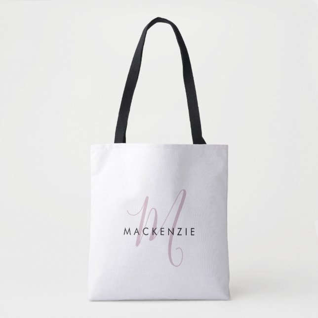 Tote Bag Élégant blanc blanc blanc clair rose Script Monogr (Devant)