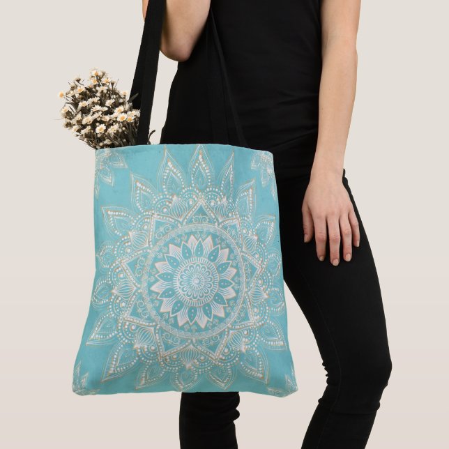 Tote Bag Elégant Blanc Gold Mandala Sky Blue Design (De près)