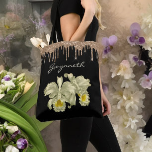 Tote Bag Elégant blanc Orchidées Gold Parties scintillant D