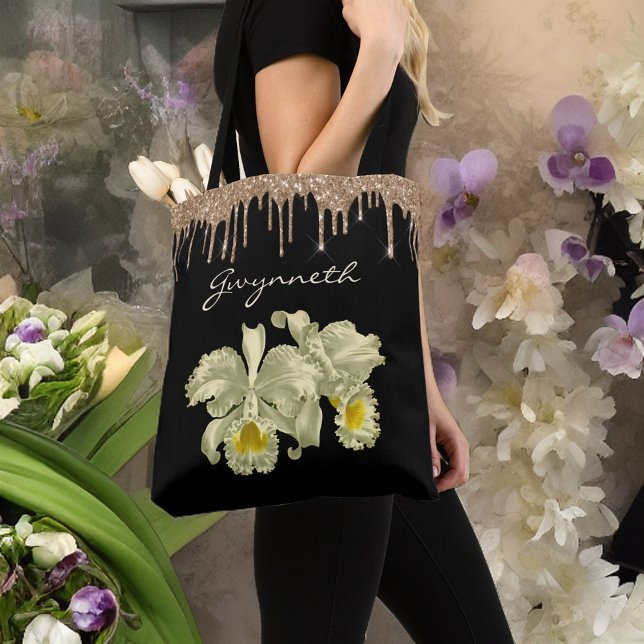 Tote Bag Elégant blanc Orchidées Gold Parties scintillant D (Créateur téléchargé)