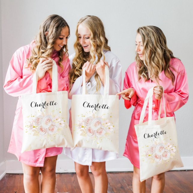 Tote Bag Élégant blanc Roses Bridesmaid Nom (Créateur téléchargé)