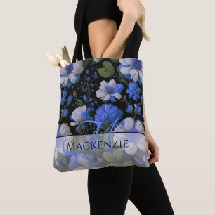 Tote Bag Elégant bleu argenté blanc élégant floral rétro