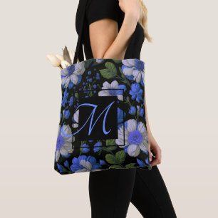 Tote Bag Elégant bleu argenté blanc élégant floral rétro