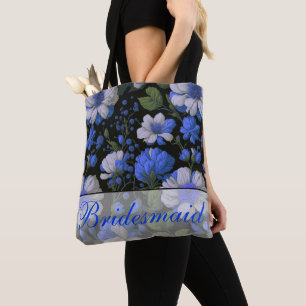 Tote Bag Elégant bleu argenté blanc élégant floral rétro