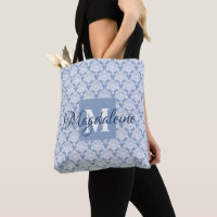 Élégant bleu clair et blanc Damas Monogramme & Nom