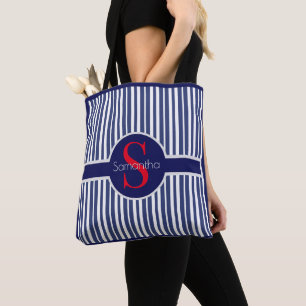 Tote Bag Élégant bleu marine rouge rayé monogramme initial