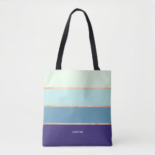 Tote Bag Élégant bleu moderne rayé Prénom