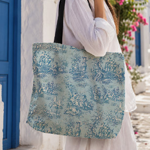 Tote Bag Élégant bleu sarcelle imprimé toile de Jouy 