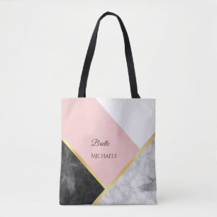 Tote Bag Élégant bloc de couleur rose marbre noir avec nom
