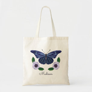 Tote Bag Elegant Blue Butterfly Floral Personalized Script 