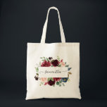 Tote Bag Elégant Blush Burgundy Navy Floral Personnalisé<br><div class="desc">Ce sac fourre-tout présente des fleurs d'aquarelle en bleu,  bordeaux et marine avec un feuillage verdoyant,  jumelé à une police tourbillonnant,  qui peut être personnalisée avec votre nom/texte personnalisé.</div>