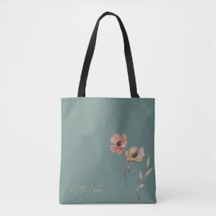 Tote Bag Élégant Bohème Aquarelle Fleur Bleu-vert