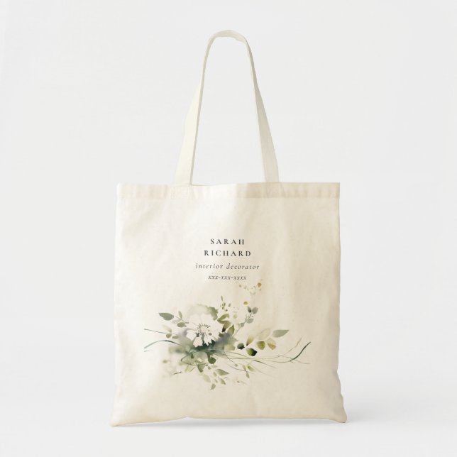 Tote Bag Élégant Boho moderne Abstrait vert blanc floral (Devant)