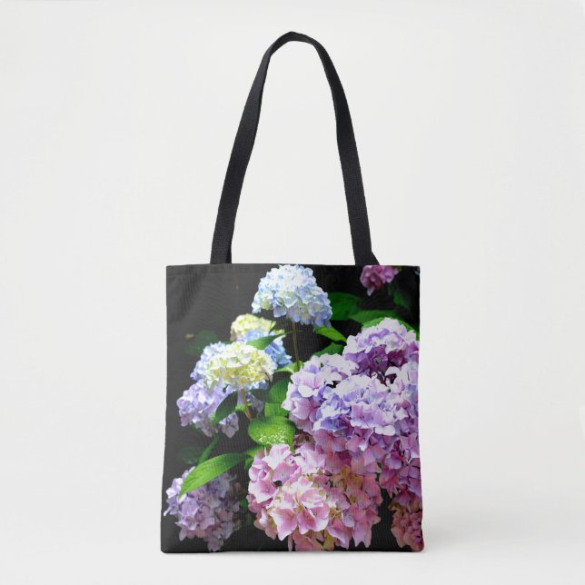 Tote Bag Elégant boho rose pourpre bleu florales hydrangées (Devant)