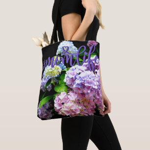 Tote Bag Elégant boho rose pourpre bleu florales hydrangées