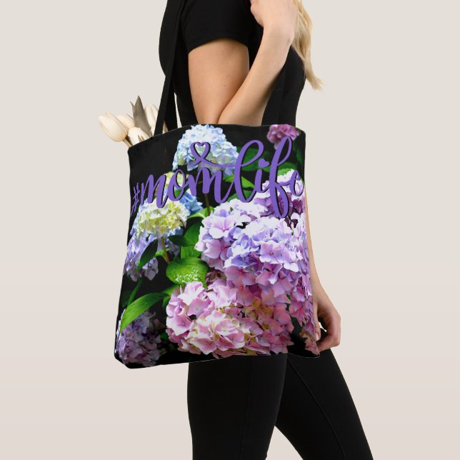 Tote Bag Elégant boho rose pourpre bleu florales hydrangées (De près)