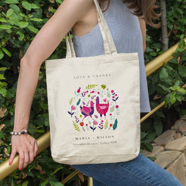 Tote Bag Elegant Bright Folk Farm Floral Love Birds Wedding (Créateur téléchargé)