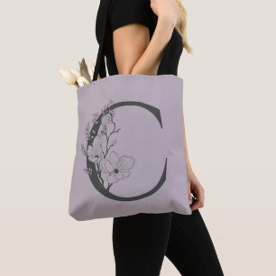 Tote Bag Élégant C Boho Floral Monogramme initial Lilac Gre