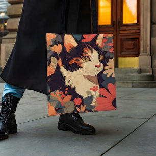 Tote Bag Elégant Calico Chat dans le jardin floral