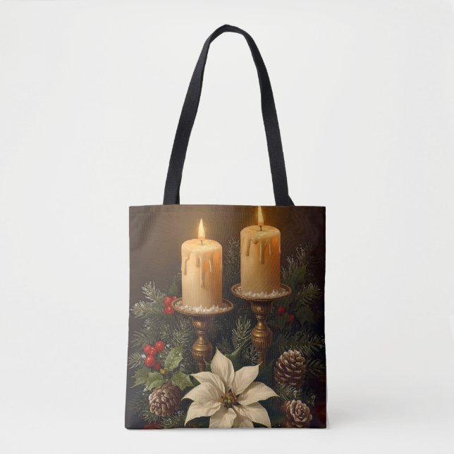 Tote Bag Elegant candle holly pine warm festive christmas (Devant)