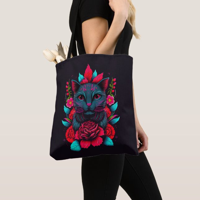 Tote Bag Élégant chat noir entouré de roses rouges | (De près)