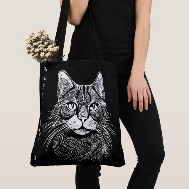 Tote Bag Élégant chat noir et blanc dessiné à la main perso (De près)