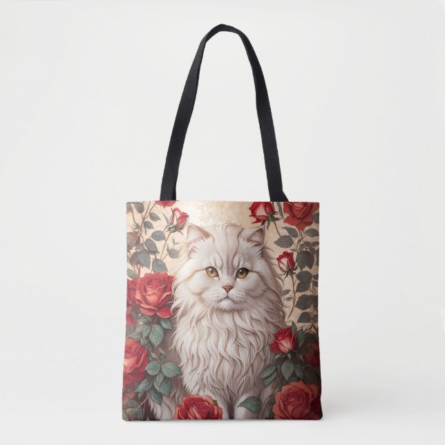 Tote Bag Élégant Chat Perse Vintage Avec Rose (Devant)