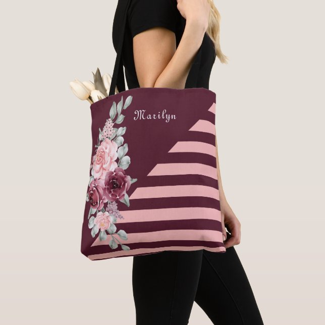 Tote Bag Elégant Chic Aquarelle Rose rose Bourgogne Floral (De près)
