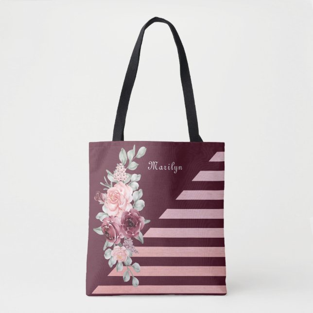 Tote Bag Elégant Chic Aquarelle Rose rose Bourgogne Floral (Devant)