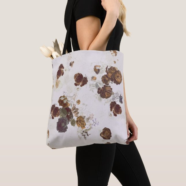 Tote Bag Elégant chic Beige Brown Rose Floral Toile (De près)