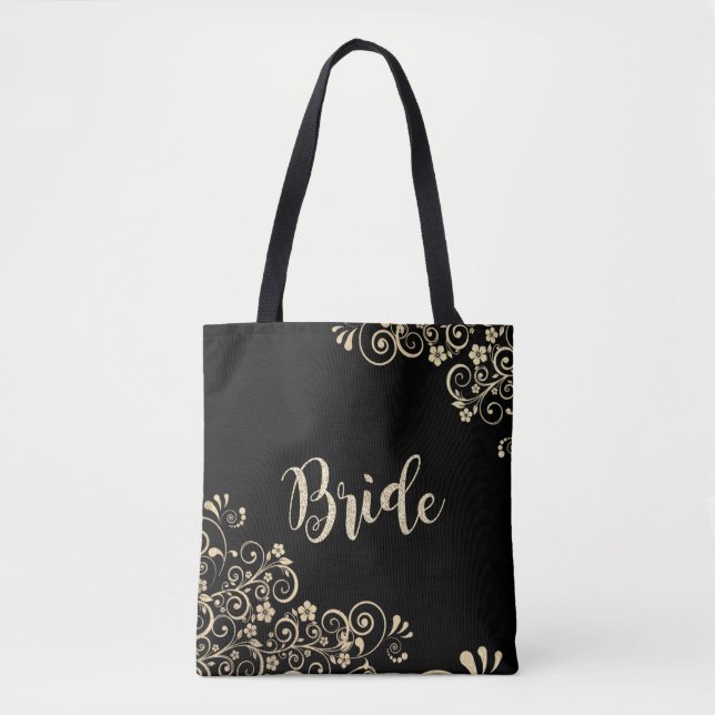Tote Bag Élégant Chic Fleurs Dorées, Mariée (Devant)